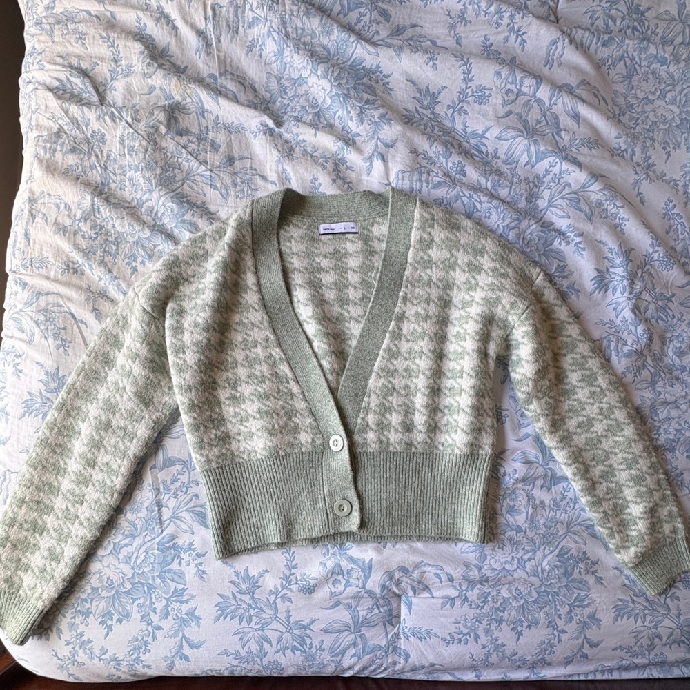Green and white Checkered Cardigan